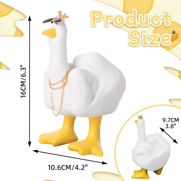 Funny Resin Duck Statue with Crown and Glasses White Yellow Desk Office Decor - Picture 2 of 6